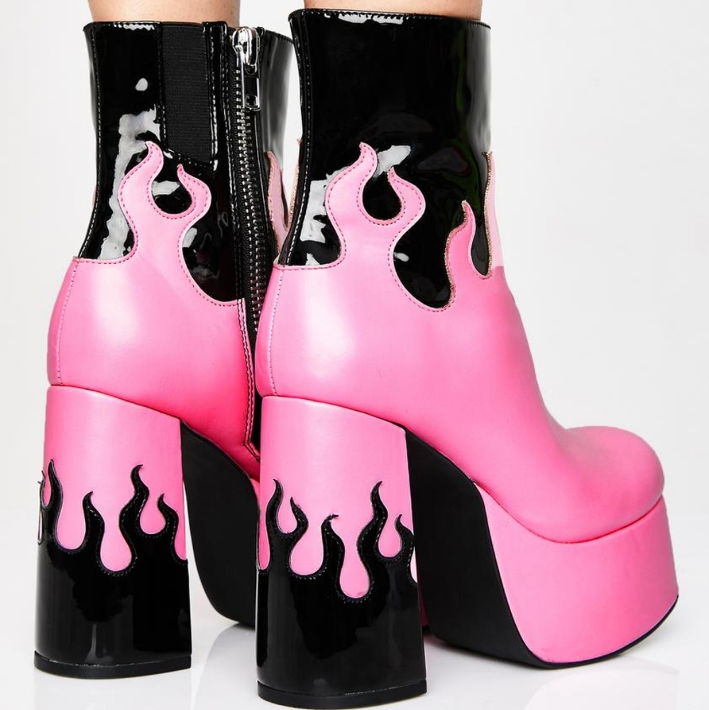 Pink and Black Flame Platform Boots